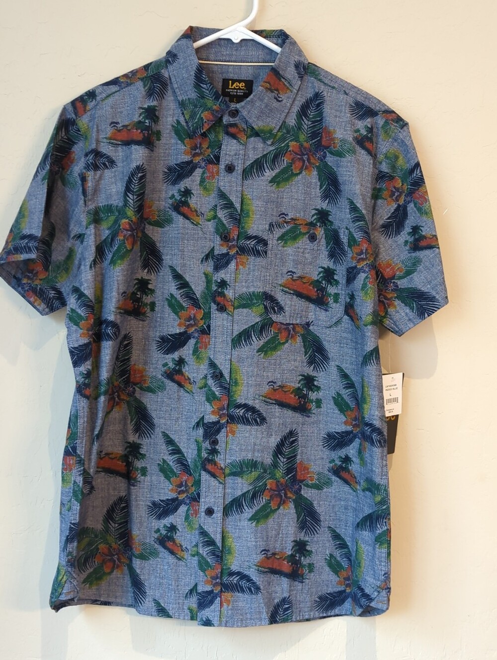 Lee Chambray Mens Shirt Sz L Tropical Aloha Short Sleeve Button Up Blue